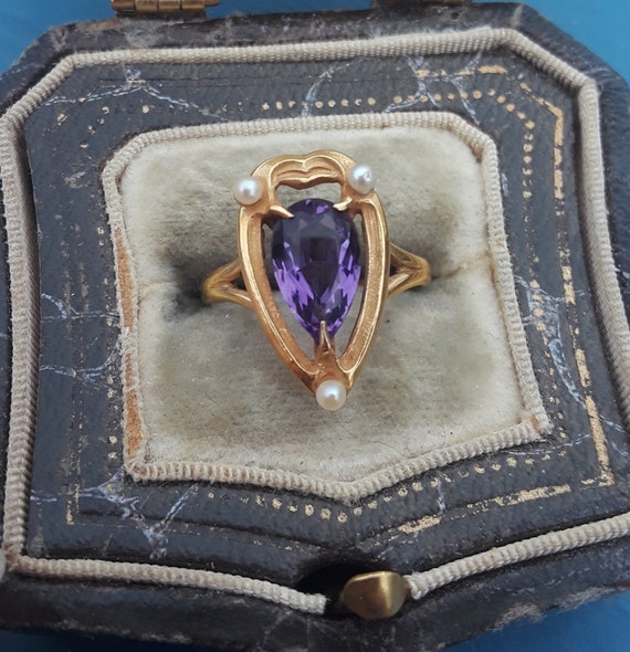 Victorian 10k Gold Amethyst Seed Pearl Ring Rare F