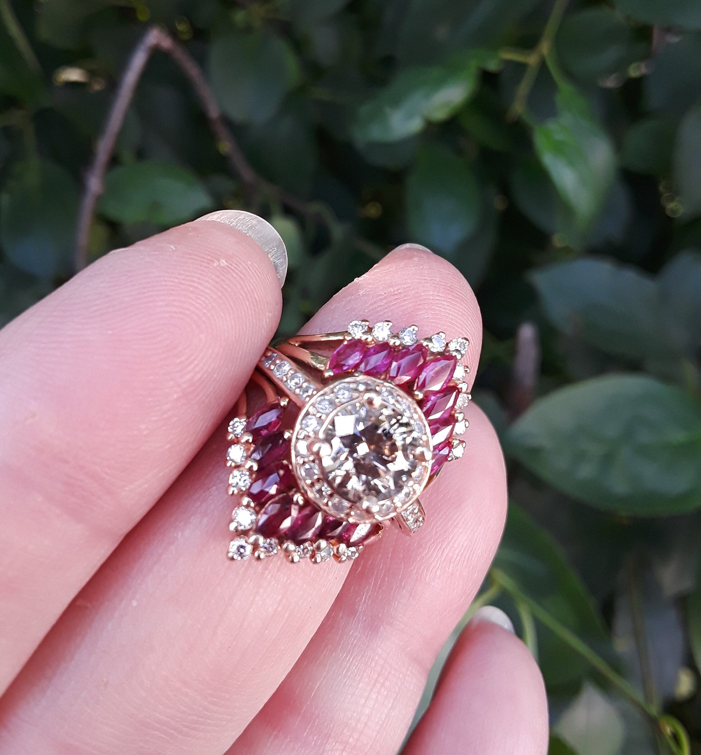 14k Gold 1.25ct Champagne Candlelight Diamond Center Ruby Ring Guard ...