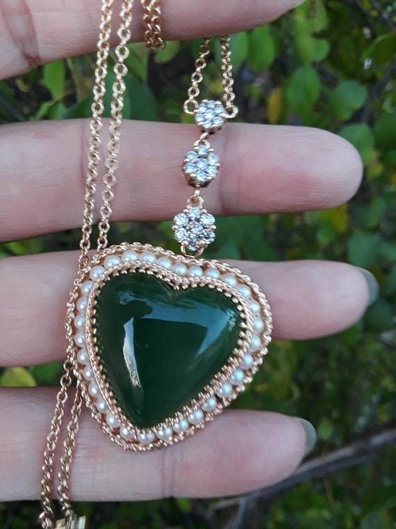 14k Gold Diamond Seed Pearl Jade Heart Pendant Wi… - image 1