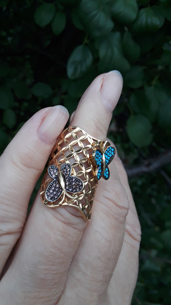 18k Gold Turquoise Smokey Topaz Butterfly Design … - image 1