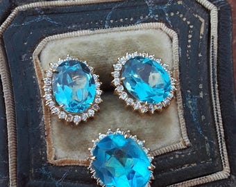 18k Gold Diamond Blue Topaz Earrings Pendant Set Fabulous