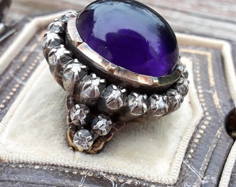 Georgian Gold Silver Rose Cut Diamond Huge Cabochon Natural Amethyst Ring French Exclusive Exceptional Fabulous