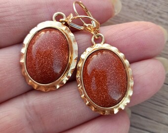 14k Gold Goldstone Sunstone Dangle Earrings  Fabulous