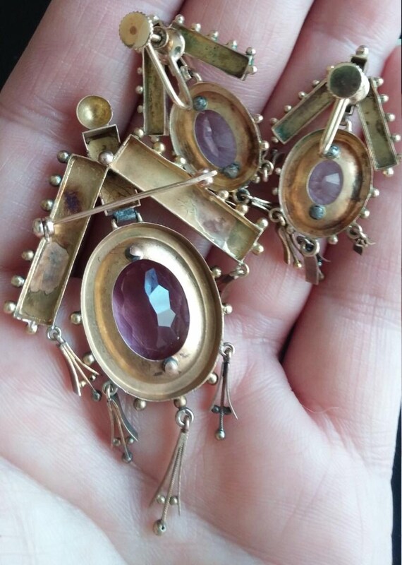 Victorian 14k Gold Amethyst Seed Pearl Set Earrings and Brooch