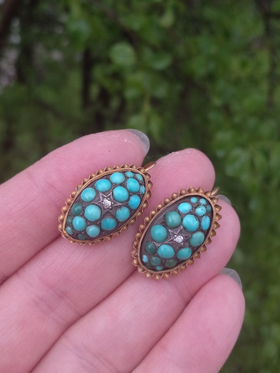 Victorian 15k Gold Diamond Turquoise Pave Earring… - image 4