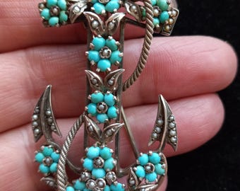 Antique Silver Seed Pearl Turquoise Brooch Pendant Fabulous Exclusive One Of A Kind 16 Grams
