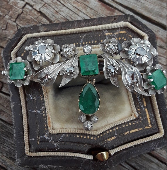 Georgian Emerald Rose Cut Diamond Brooch One Of A… - image 9