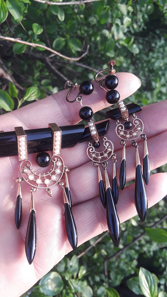 Victorian 14k Gold Black Onyx Seed Pearl Earrings… - image 4