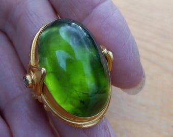 22k Gold 50ct Natural Peridot Cabochon Diamond Wedding Engagement Cocktail Ring Ring Fabulous Exclusive One Of A Kind 30 Grams
