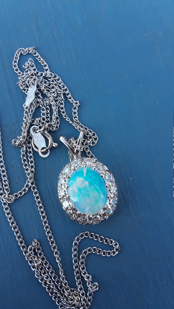 14k Gold Diamond Natural Opal Pendant With Chain … - image 9