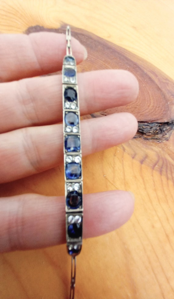 Art Deco Silver Natural Blue White Sapphire Brace… - image 1