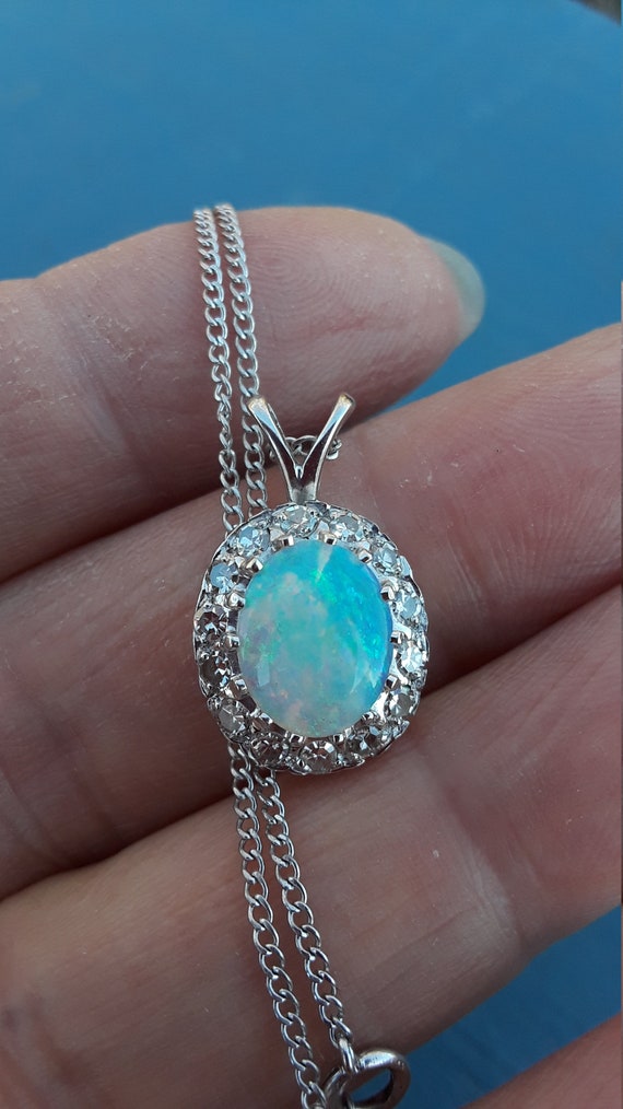 14k Gold Diamond Natural Opal Pendant With Chain … - image 8