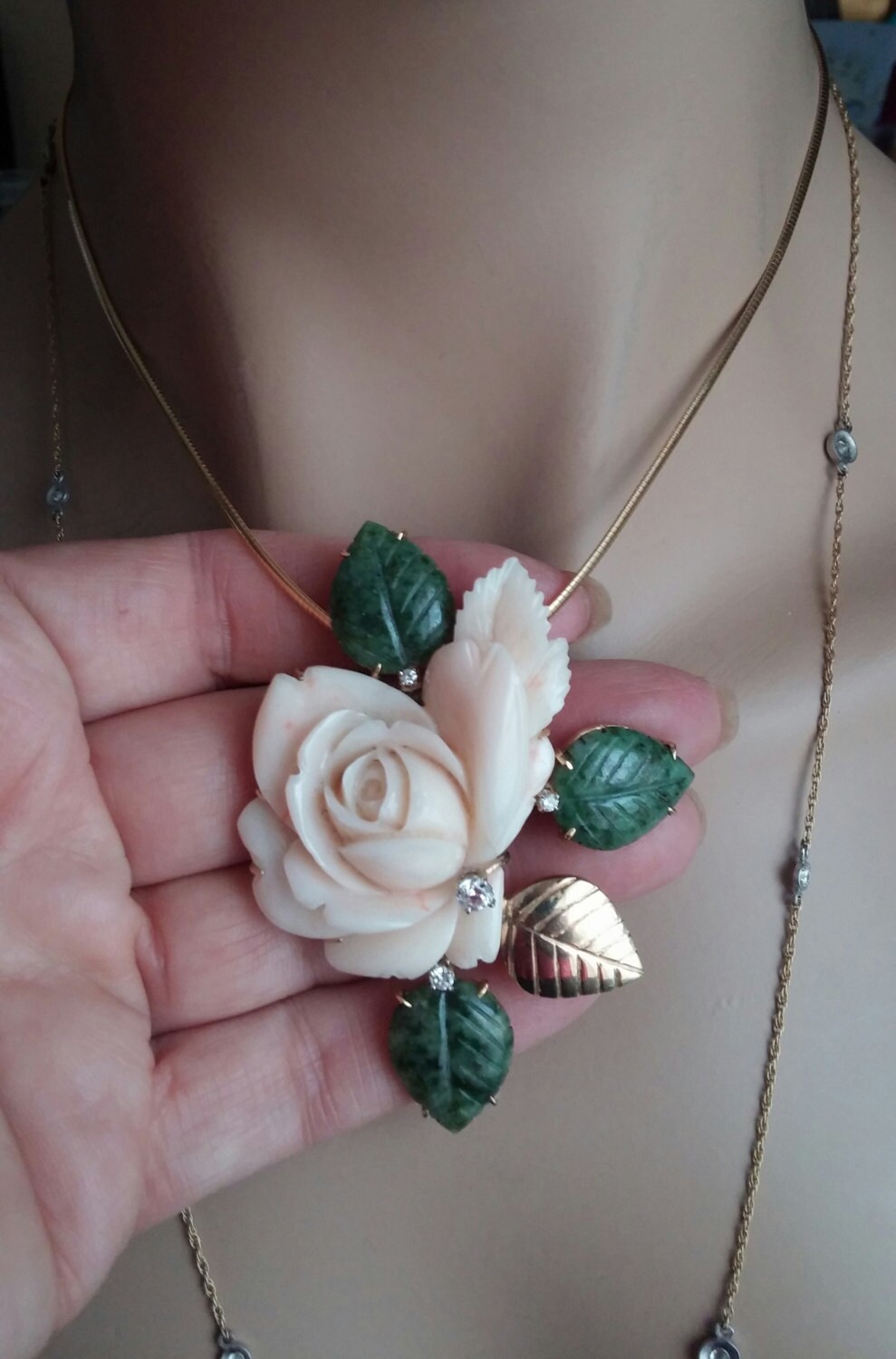 14k Gold Diamond Coral Jade Rose Brooch Pendant Pin Flower 34.4