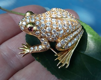18k Gold 3.40ct Diamond Ruby Eyes Frog Huge Brooch Exclusive Fabulous 17 Grams