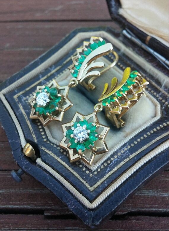 14k Gold Diamond Emerald Russian Dangle Earrings - image 4