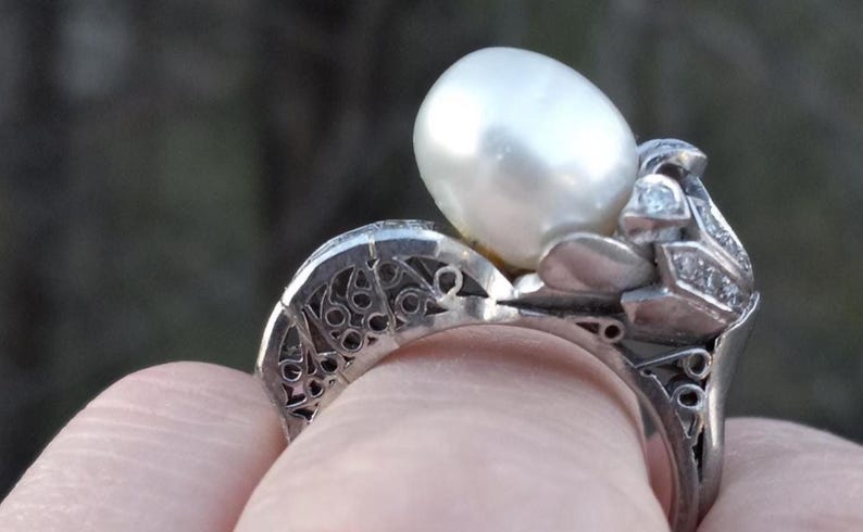 14k Gold Diamond Pearl Floral Design Wedding Engagement Cocktail Ring One Of A Kind zdjęcie 6