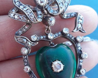 Georgian Old Mine Cut Diamond Malachite Heart Shaped Pendant Brooch Exclusive Exceptional One Of A Kind