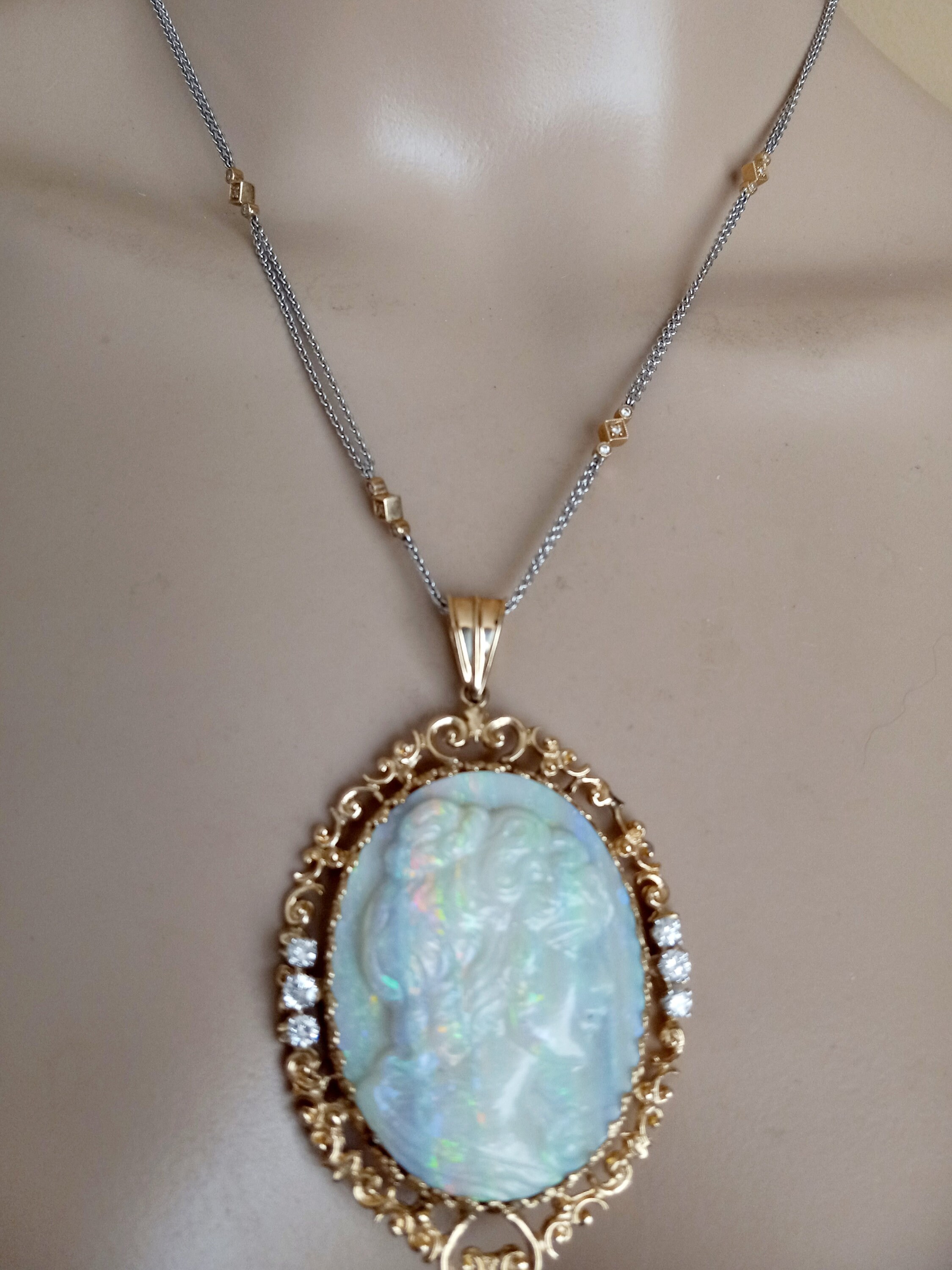 14k Gold Australian Opal Cameo Diamond Pendant Fabulous