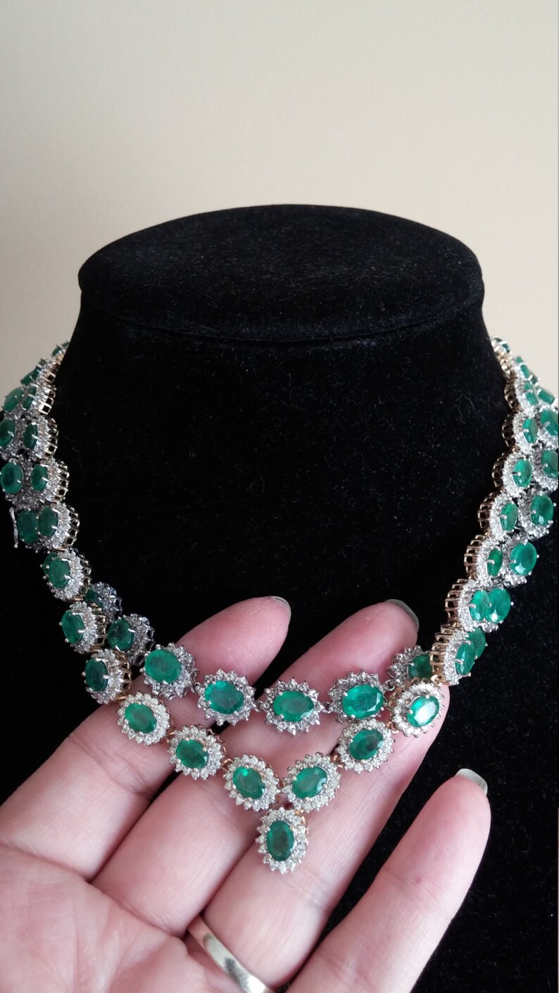 14k Gold 40ct Diamond Columbian Emerald Flower Design Necklace Etsy