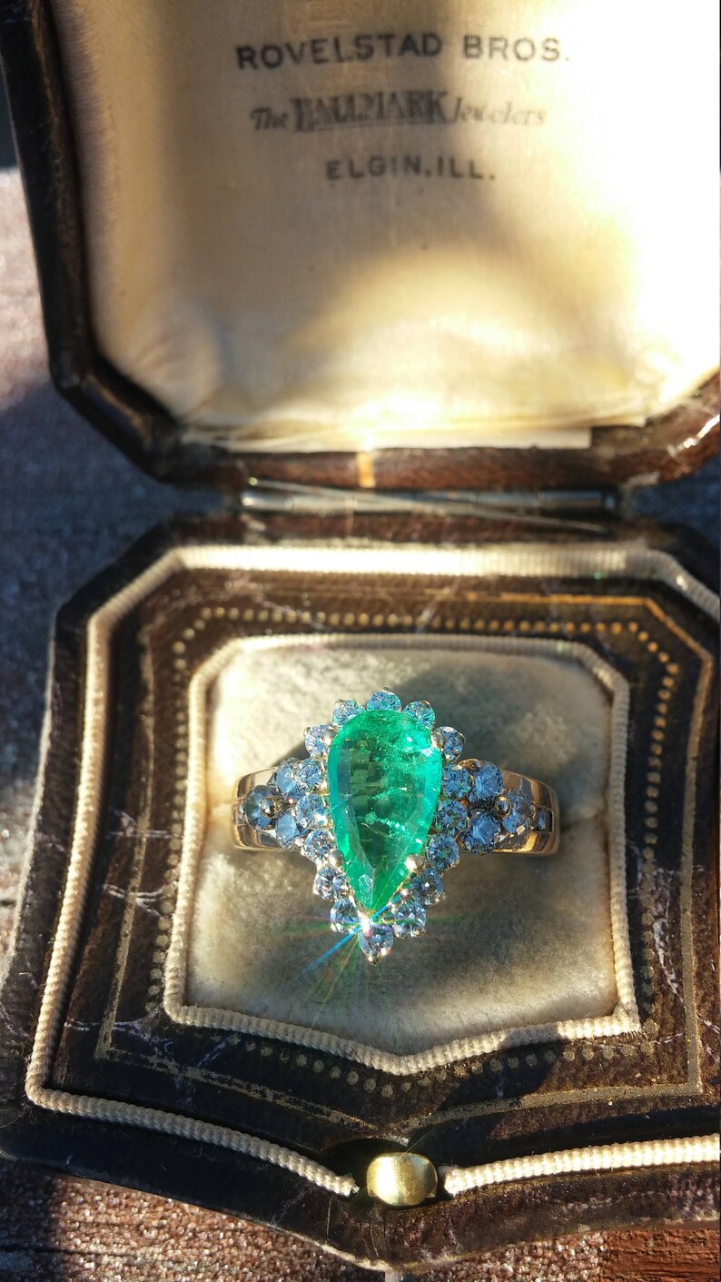 14k Gold 3ct Pear Shaped Columbian Emerald Diamond Ring | Etsy