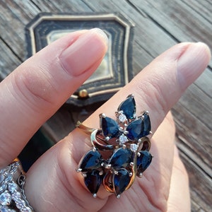 14k Gold Diamond Pear Shaped Blue Sapphire Cluster Ring