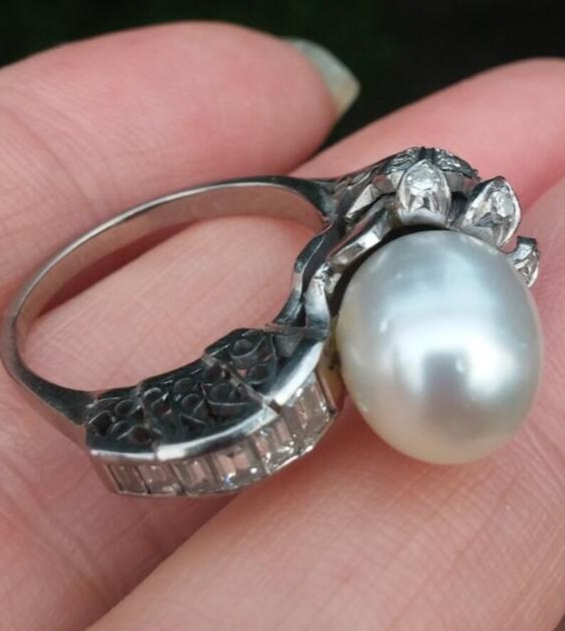 14k Gold Diamond Pearl Floral Design Wedding Engagement Cocktail Ring One Of A Kind zdjęcie 5