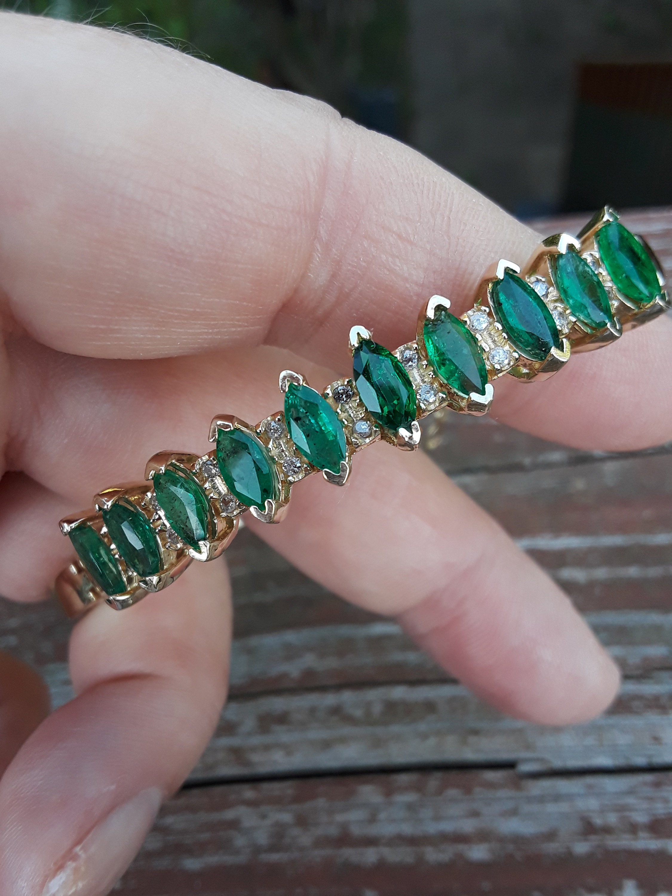 14k Gold Diamond Colombian Emerald Bangle Bracelet One Of A | Etsy