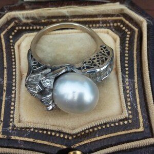 14k Gold Diamond Pearl Floral Design Wedding Engagement Cocktail Ring One Of A Kind zdjęcie 4