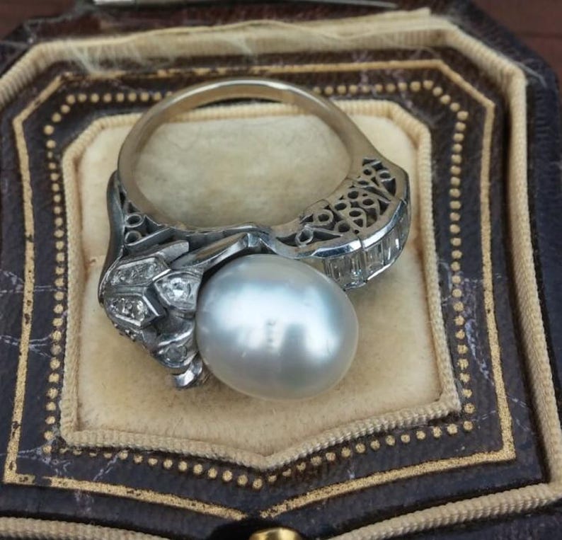 14k Gold Diamond Pearl Floral Design Wedding Engagement Cocktail Ring One Of A Kind zdjęcie 4