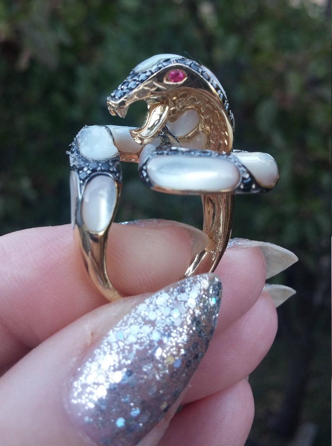 18k Gold Black Diamonds Ruby Eyes Mother of Pearl Snake Cobra