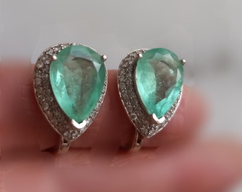 14k Gold 10ct Pear Shaped Colombian Emerald Diamond Earrings Fabulous Exclusive One Of A Kind 10 Grams
