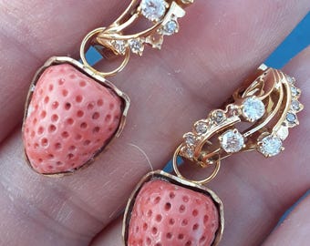 14k Gold Diamond Salmon Natural Coral Strawberry Dangle Earrings Fabulous