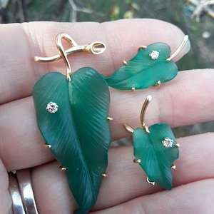 14k Gold Diamond Jade Leaf Design Set Earrings Screw Back And Brooch Fabulous