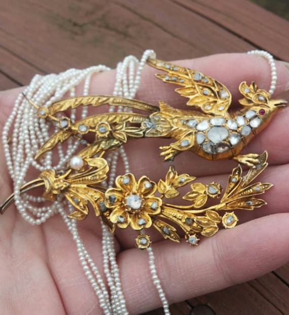 Georgian Rose Cut Diamond Bird With Flower Brooch Pendant Necklace Unique Exceptional One Of A Kind 30 Grams