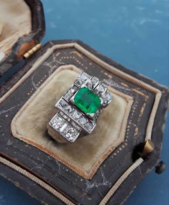 Palladium Rose Cut Diamond Natural Emerald Ring F… - image 3
