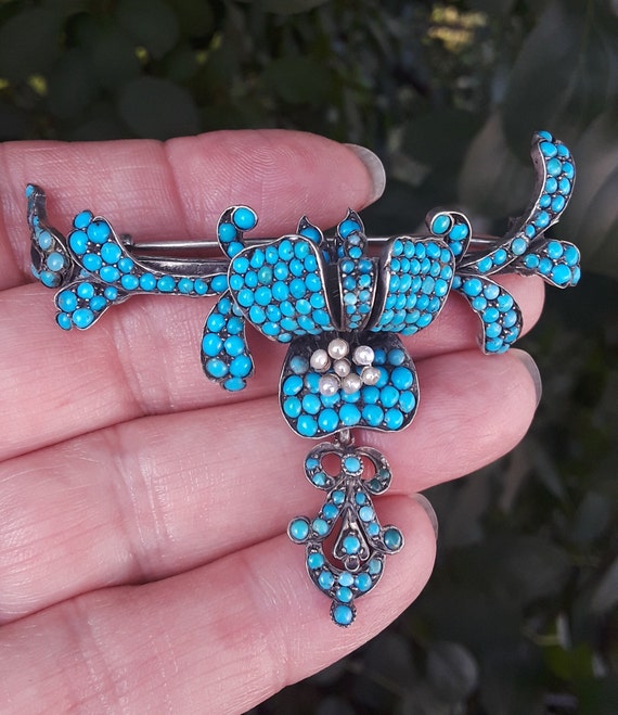Georgian Silver Turquoise Pave Brooch Pin Fabulou… - image 8