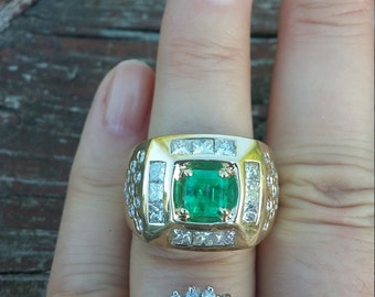 14k Gold Diamond Colombian Emerald Wedding Men's Ring Stunning Exeptional One Of A Kind