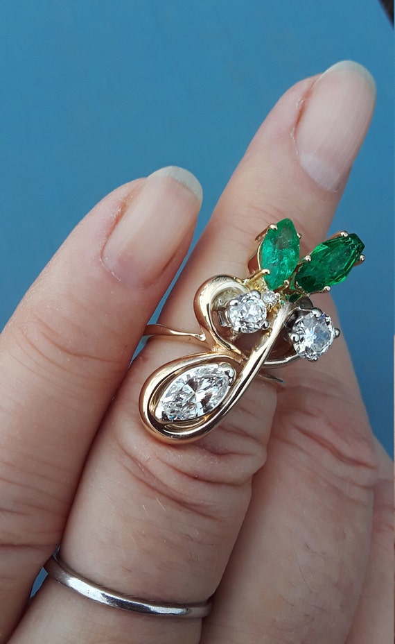 14k Gold Diamond Colombian Emerald Marquise Cut W… - image 1