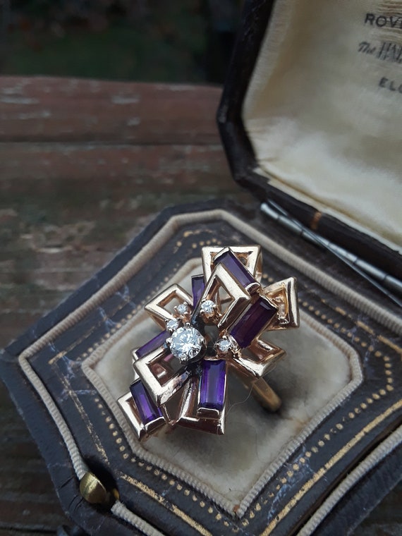 14k Gold Diamond Amethyst Modern Ring Wedding Eng… - image 7