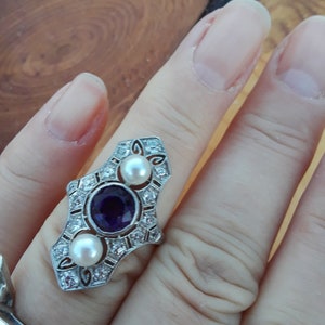 Art Deco 14k Gold Old Mine Cut Diamond Pearl Center Amethyst Navette Ring South North Ring Wedding Engagement Cocktail Ring Fabulous