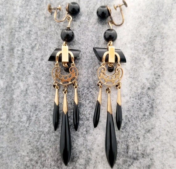 Victorian 14k Gold Black Onyx Seed Pearl Earrings… - image 7