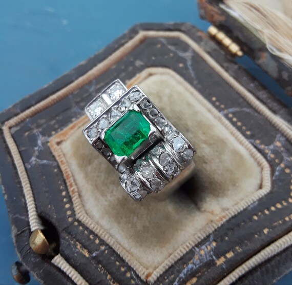 Palladium Rose Cut Diamond Natural Emerald Ring F… - image 2
