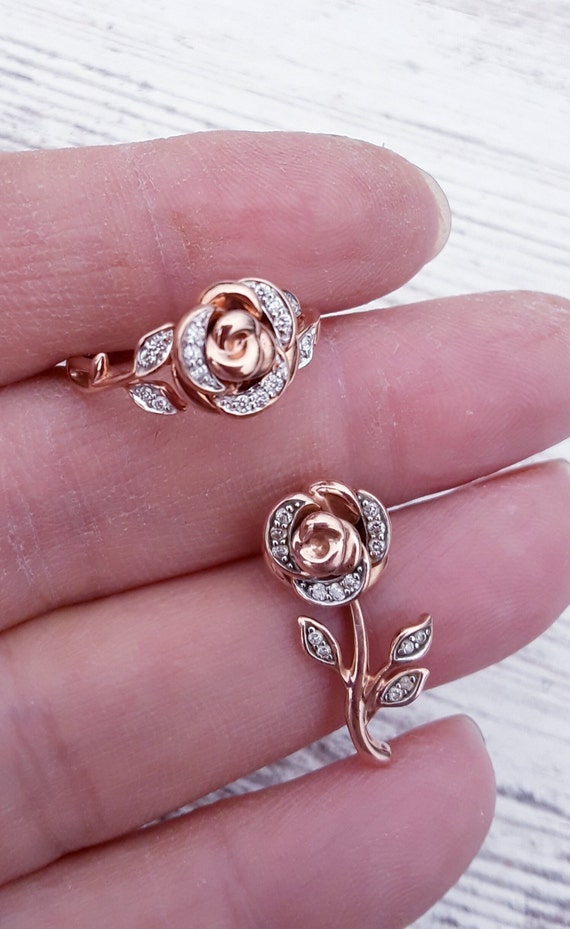 10k Rose Gold Diamond Flower Rose Set Ring And Pen