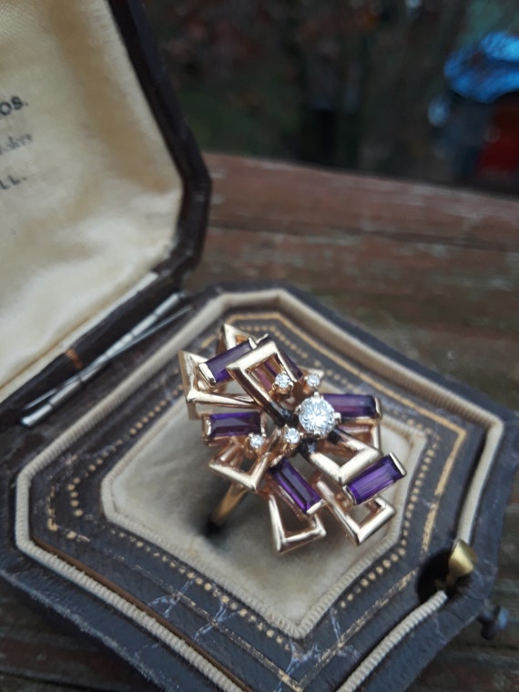 14k Gold Diamond Amethyst Modern Ring Wedding Eng… - image 8
