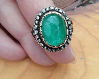 Victorian Gold  Emerald Old Cut Diamonds Ring Fabulous Exclusive