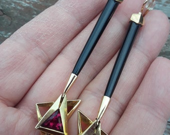 18k Black Onyx Diamond Rubellite Tourmaline Long Designers Dangle Earrings Unique Exclusive One Of A Kind