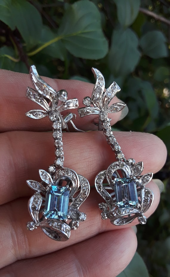 【2025最新作】 Vintage Palladium Diamond Aquamarine Dangle Earrings チャーム