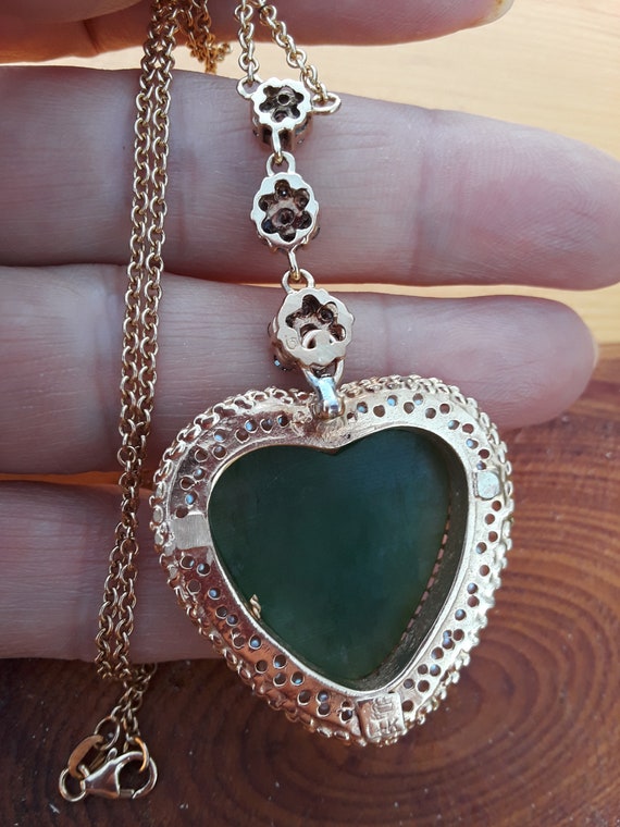 14k Gold Diamond Seed Pearl Jade Heart Pendant Wi… - image 8