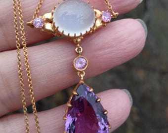 14k Gold Silver Amethyst Moonstone Pink Sapphire Necklace Fabulous Rare