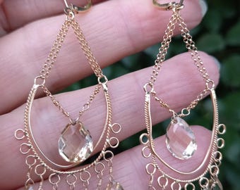 14k Gold Citrine Topaz Dangle Long  Earrings